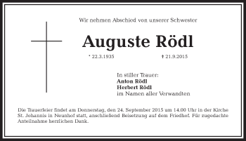 Traueranzeige von Auguste Rödl von Pegnitz-Zeitung
