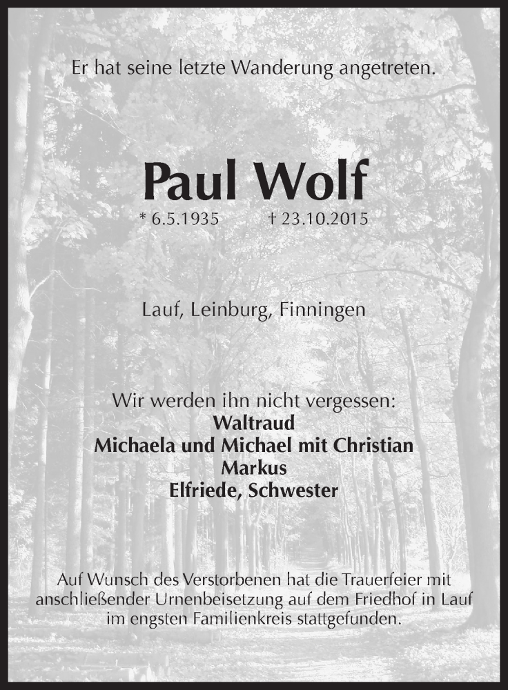  Traueranzeige für Paul Wolf vom 14.11.2015 aus Pegnitz-Zeitung