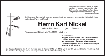 Traueranzeige von Karl Nickel von Der Bote