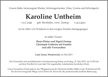Traueranzeige von Karoline Untheim von Pegnitz-Zeitung