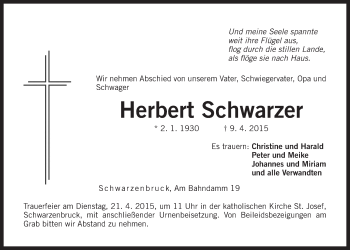 Traueranzeige von Herbert Schwarzer von Der Bote