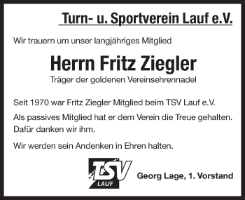 Traueranzeige von Fritz Ziegler von Pegnitz-Zeitung