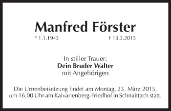 Traueranzeige von Manfred Foerster von Pegnitz-Zeitung