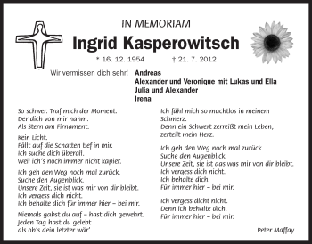 Traueranzeige von Ingrid Kasperowitsch von Der Bote