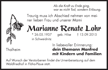 Traueranzeige von Marianne Renate Lohr von Hersbrucker Zeitung