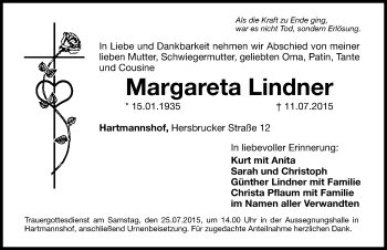 Traueranzeige von Margareta Lindner von Hersbrucker Zeitung