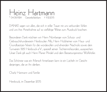 Traueranzeige von Heinz Hartmann von Hersbrucker Zeitung