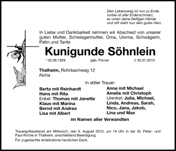 Traueranzeige von Kunigunde Söhnlein von Hersbrucker Zeitung