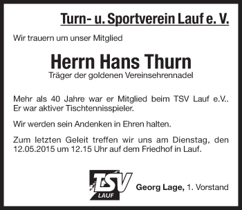 Traueranzeige von Hans Thurn von Pegnitz-Zeitung