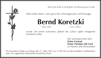 Traueranzeige von Bernd Koretzki von Pegnitz-Zeitung