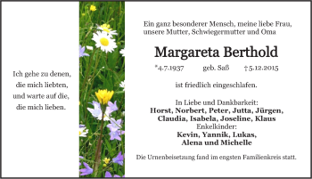 Traueranzeige von Margareta Berthold von Pegnitz-Zeitung