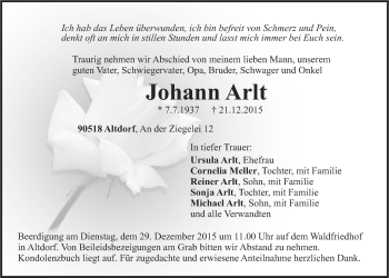 Traueranzeige von Johann Arlt von Der Bote