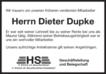 Traueranzeige von Dieter Dupke von Pegnitz-Zeitung