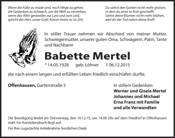 Traueranzeige von Babette mERTEL von Hersbrucker Zeitung