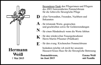 Traueranzeige von Hermann Weiß von Hersbrucker Zeitung