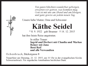 Traueranzeige von Käthe Seidel von Der Bote