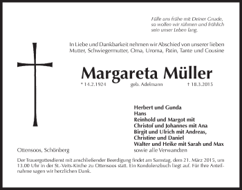 Traueranzeige von Margareta Müller von Pegnitz-Zeitung