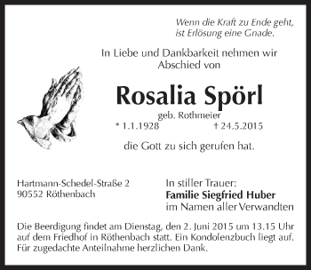 Traueranzeige von Rosalia Spörl von Pegnitz-Zeitung
