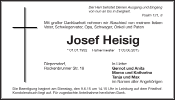 Traueranzeige von Josef Heisig von Pegnitz-Zeitung