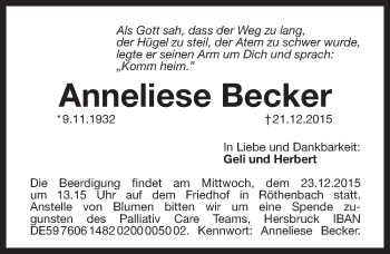 Traueranzeige von Anneliese Becker von Pegnitz-Zeitung
