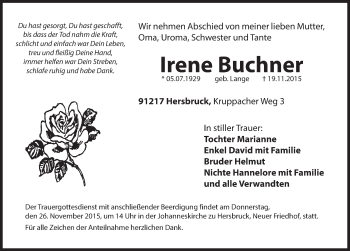 Traueranzeige von Irene Buchner von Hersbrucker Zeitung