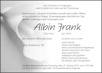 Traueranzeige von Albin Frank von Pegnitz-Zeitung
