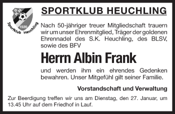 Traueranzeige von Albin Frank von Pegnitz-Zeitung
