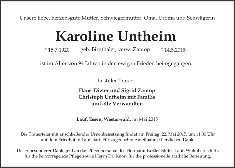  Traueranzeige für Karoline Untheim vom 20.05.2015 aus Pegnitz-Zeitung