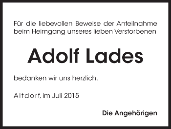 Traueranzeige von Adolf Lades von Der Bote
