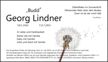 Traueranzeige von Georg Lindner von Pegnitz-Zeitung