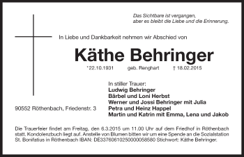Traueranzeige von Käthe Behringer von Pegnitz-Zeitung