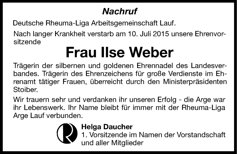  Traueranzeige für Ilse Weber vom 15.07.2015 aus Hersbrucker Zeitung