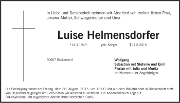 Traueranzeige von Luise Helmensdorfer von Hersbrucker Zeitung