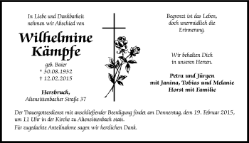 Traueranzeige von Wilhelmine Kämpfe von Hersbrucker Zeitung