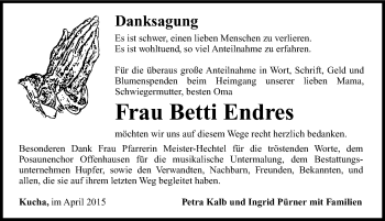 Traueranzeige von Betti Endres von Hersbrucker Zeitung