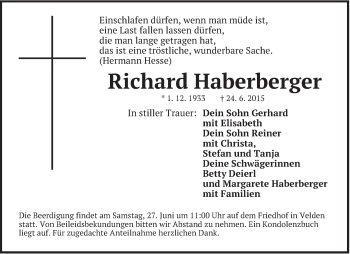 Traueranzeige von Richard Haberberger von Hersbrucker Zeitung