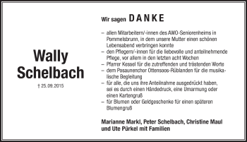 Traueranzeige von Wally Schelbach von Pegnitz-Zeitung