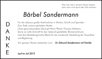 Traueranzeige von Bärbel Sandermann von Pegnitz-Zeitung
