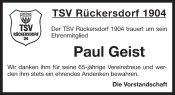 Traueranzeige von Paul Geist von Pegnitz-Zeitung