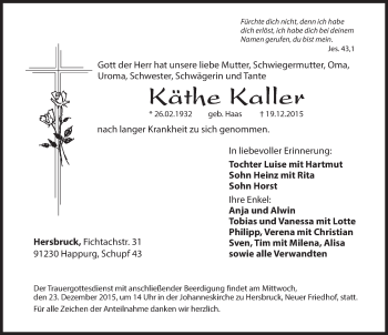 Traueranzeige von Käthe Kaller von Hersbrucker Zeitung