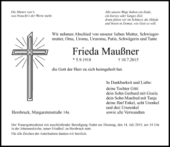 Traueranzeige von Frieda Maußner von Hersbrucker Zeitung