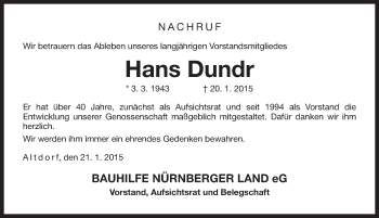 Traueranzeige von Hans Dundr von Pegnitz-Zeitung