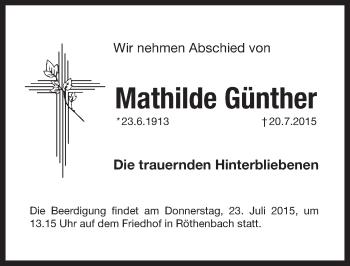 Traueranzeige von Mathilde Günther von Pegnitz-Zeitung