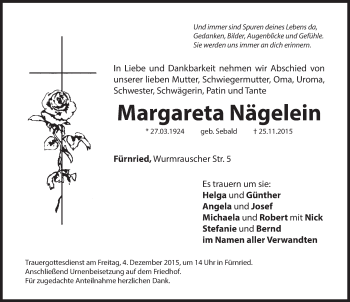 Traueranzeige von Margareta Nägelein von Hersbrucker Zeitung