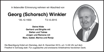 Traueranzeige von Georg Winkler von Pegnitz-Zeitung