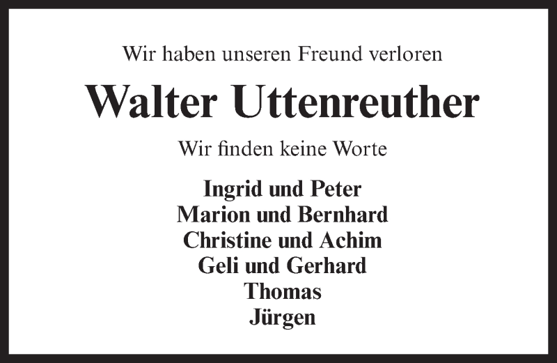  Traueranzeige für Walter Uttenreuther vom 24.01.2015 aus Pegnitz-Zeitung