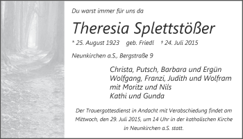 Traueranzeige von Theresia Splettstößer von Pegnitz-Zeitung