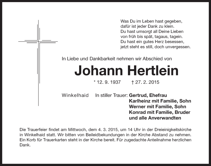  Traueranzeige für Johann Hertlein vom 02.03.2015 aus Der Bote
