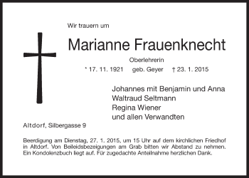 Traueranzeige von Marianne Frauenknecht von Der Bote