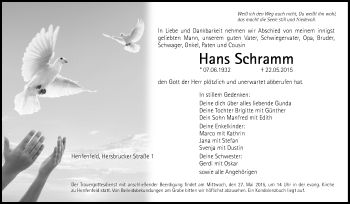 Traueranzeige von Hans Schramm von Hersbrucker Zeitung